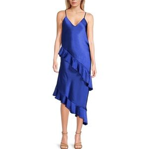 NEW GB Cascading Satin Asymmetrical Ruffle Colbalt Midi Dress Size S